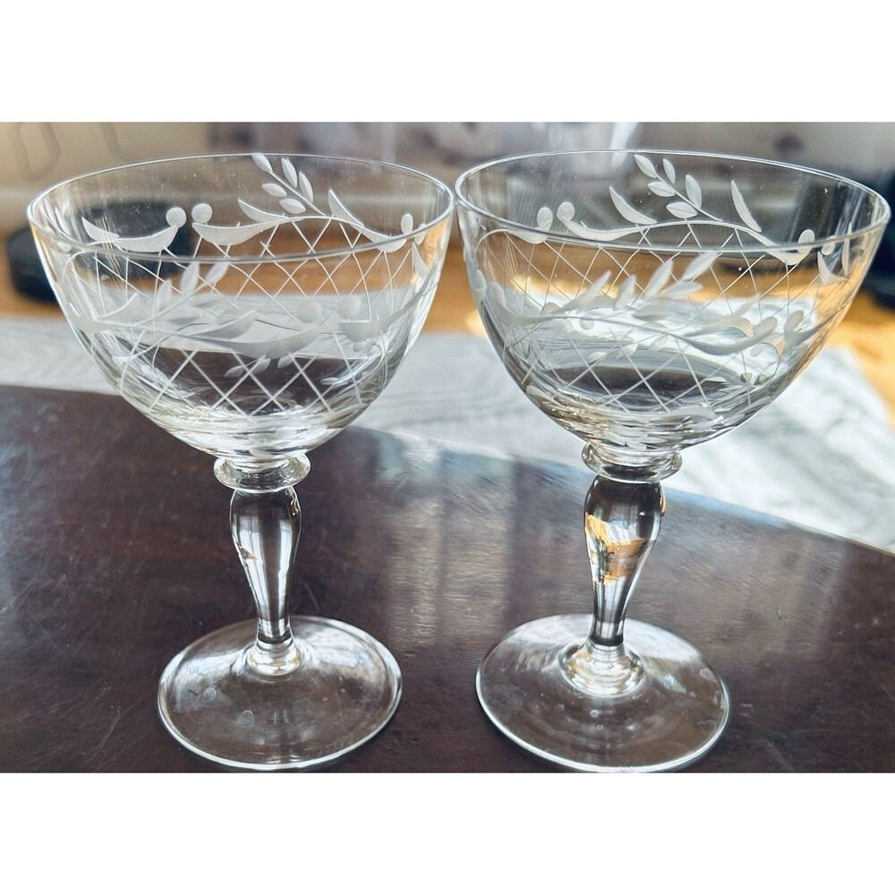 Vintage 1940 Elegant Hand Engraved Czech Bohemian Crystal Coupes